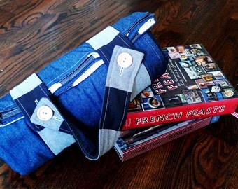 Picnic Blanket - Black and White Gingham with Denim - Camping Blanket - Gift Idea for Men