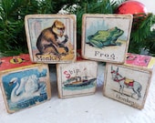 Antique Wood Toy Blocks,  Animal Picture Wood Blocks, Red Alphabet Wood Blocks, Holiday Display, Collectible Toy