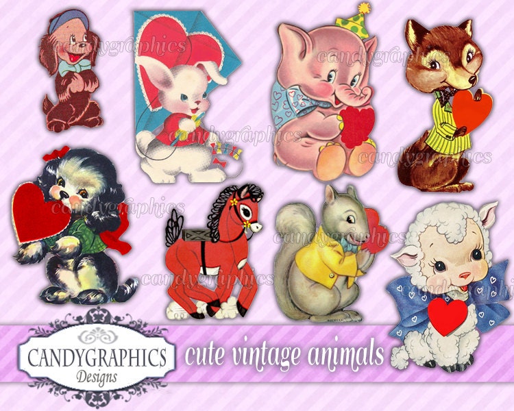 Cute Vintage Animals Digital Printable Clip Art by CandyGraphics