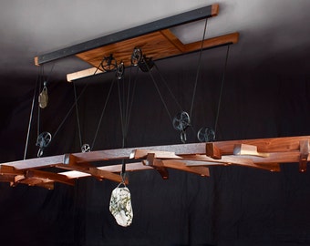 Adjustable walnut, stone and LED chandelier