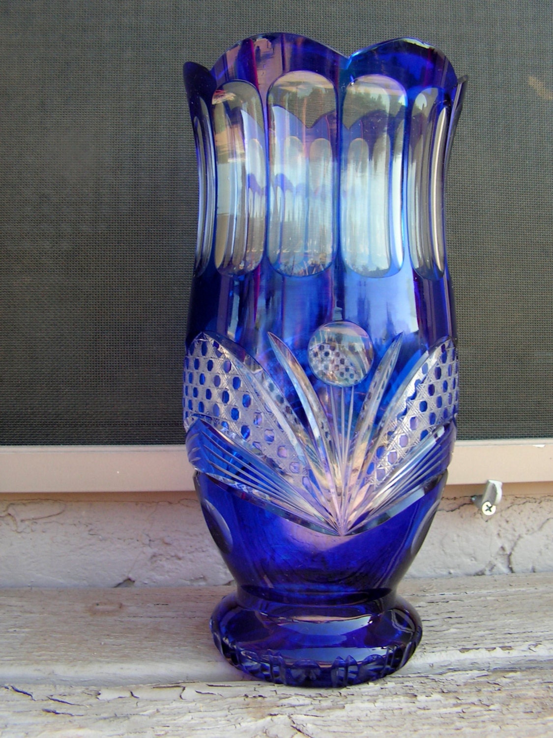 Cobalt Blue Glass Vase Bohemian Czech Cut to Clear Crystal