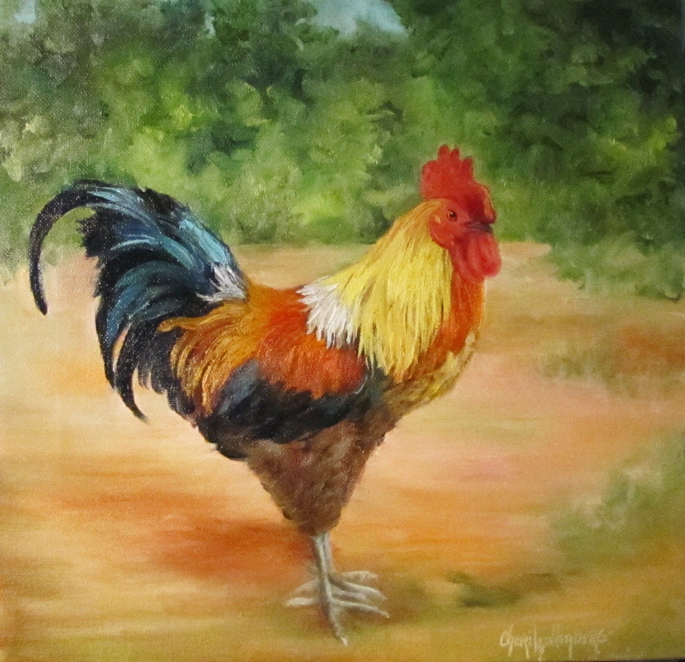 Oil Painting Rooster V Original 12x12 Canvas Original by Cheri