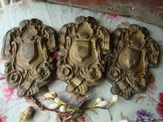 RESERVED FOR FERN..3 Large Antique French Gilt Brass Picture Hook Covers Decorative Plaques 1880s...Paris apartment Chateau Chic