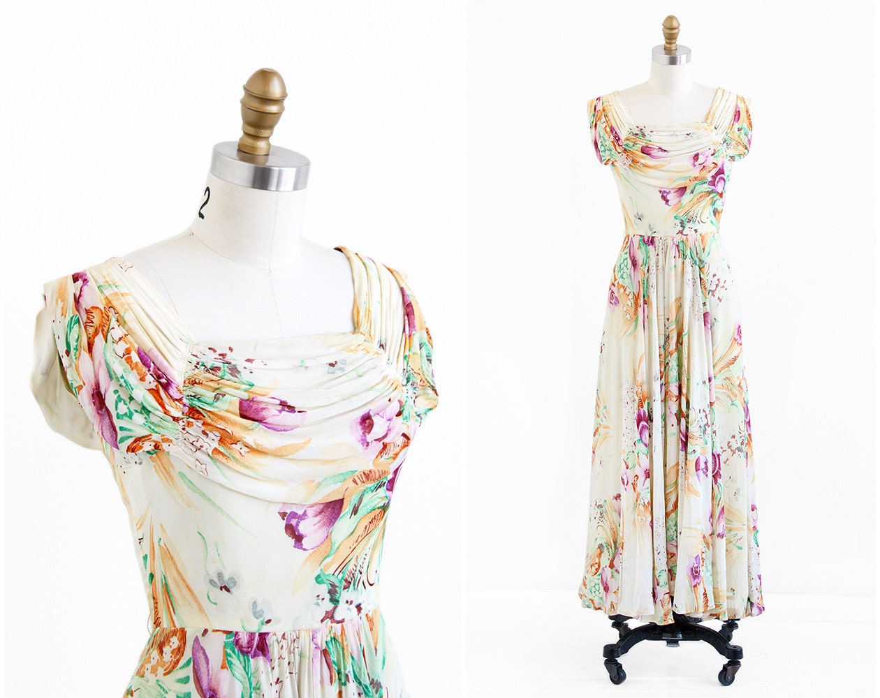 vintage 1940s dress / 1930s gown / Buttercream Floral Chiffon