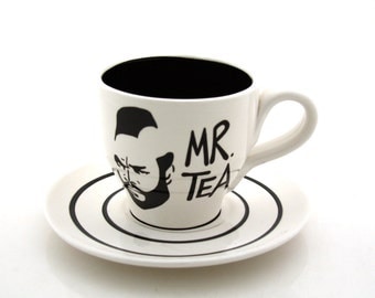 Mr. T Tea Tea cup and Saucer, Black and white, tea cup and saucer, teapot sets, tea cups, pottery and ceramic teacup
