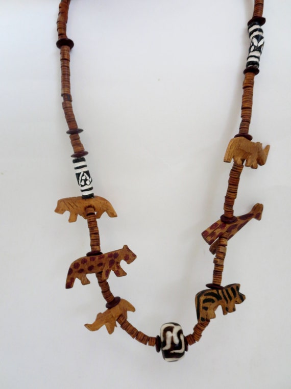 Wooden necklace Wooden carved Jungle animal Necklace with