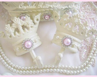 French Ivory Crown Hook(s) with Pearls Your Choice of Paint & Pearl Colors Princess Decor Shabby Chic Girls Room Nursery Bed Crown Tie Backs