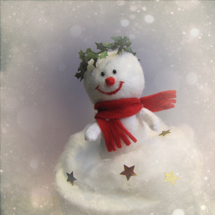 Snowman Cake topper Ornament Felt Sculpture - handmade felt doll for Christmas Cake topper keepsake softie - Hand Made in France