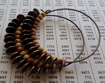 Titanium Hoop Earrings, Rustic Primitive Ethnic Bone White Cream Rust Brown Czech Glass Tribal Bohemian Beaded Gypsy Hoop Handmade Earrings