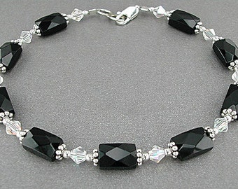 Swarovski Crystal and Black Onyx Bracelet - Faceted Onyx Gemstone Bracelet