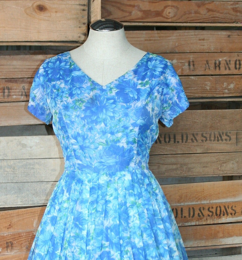 1950s Vintage Chiffon Party Dress Blue Floral Chiffon