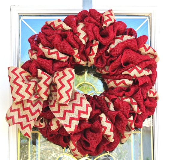 Red  and Chevron  Burlap Wreath with Chevron Burlap Bow