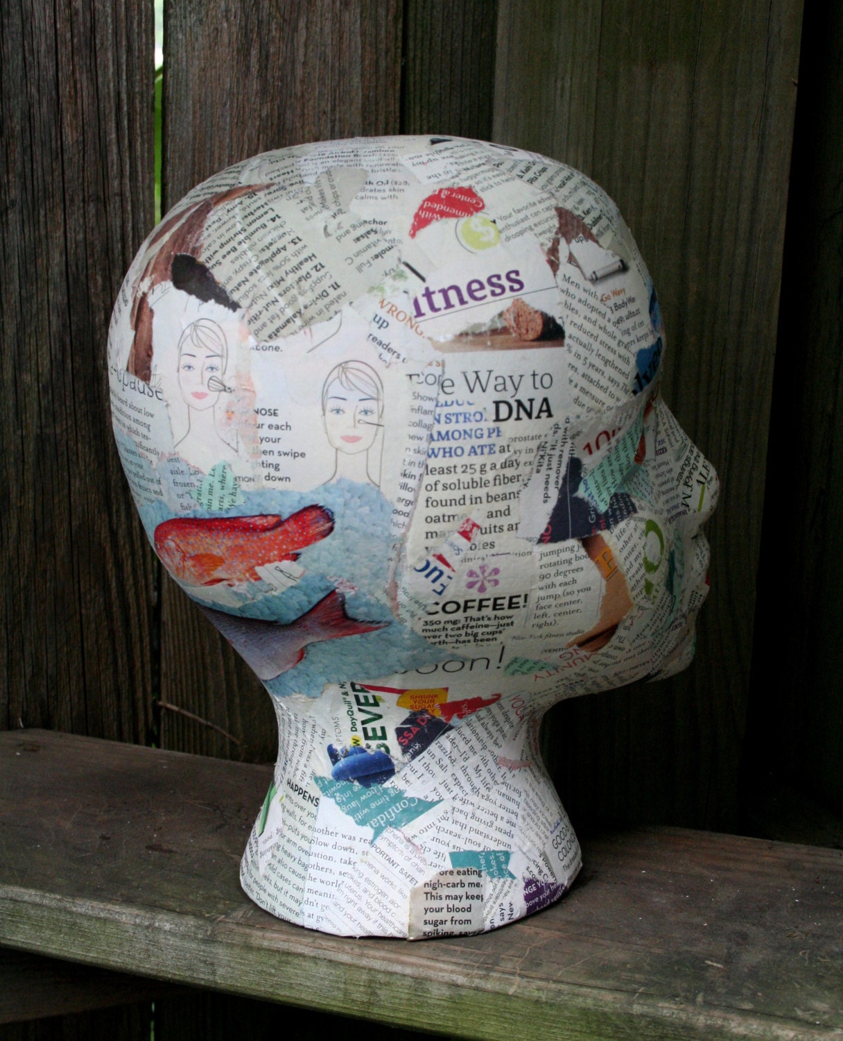 Decoupaged Styrofoam Mannequin Head / Great for display