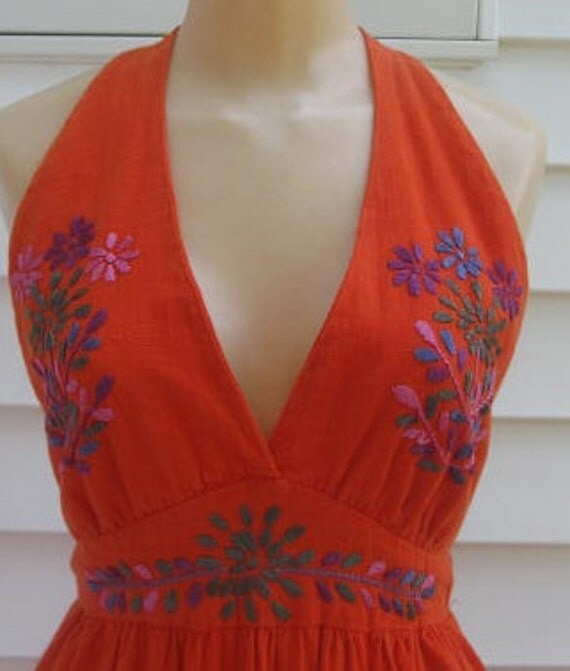 Items similar to Vintage Orange w Embroidered Flowers Halter Dress XS S 2 4 on Etsy