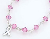 Rose Pink Swarovski Crystal Bracelet - Bright Pink Breast Cancer Awareness Bracelet - Sterling Silver Wire Wrapped Charm Bracelet