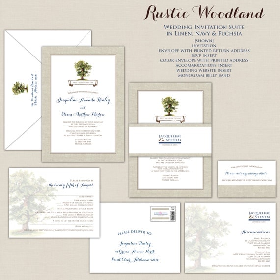 Rustic Woodland Wedding Invitation Oak Tree Wedding Invitations Invites Invite linen burlap Navy Blue Monogram Belly Band Elegant Textured Il_570xn
