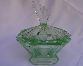 Beautiful Art Deco Green Glass Powder Bowl