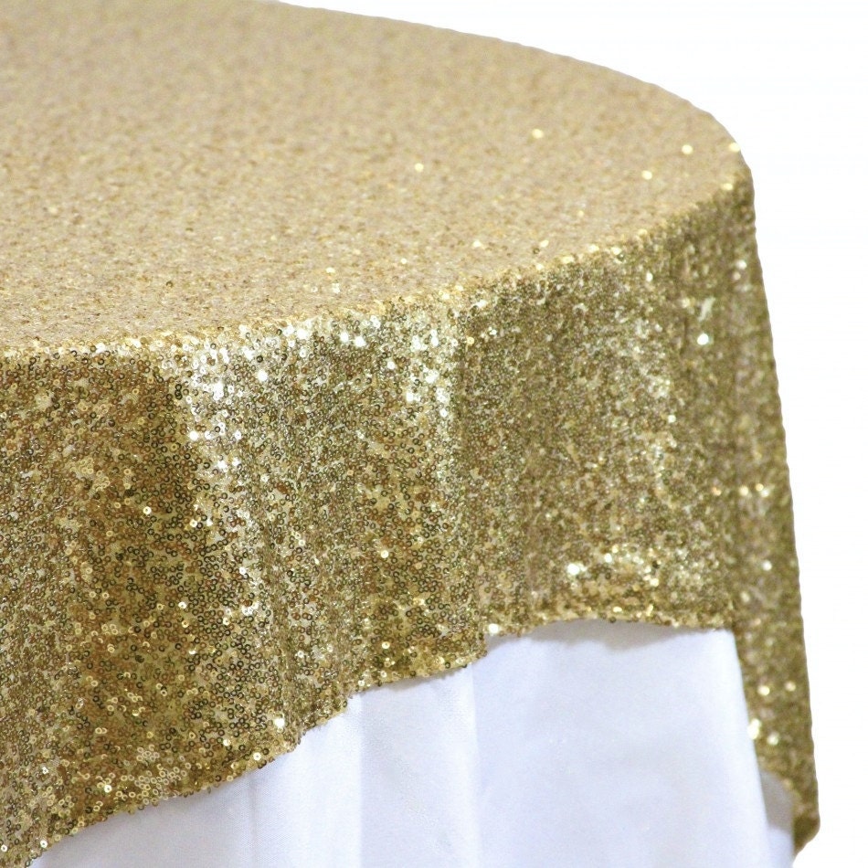 Sequin Champagne Gold Tablecloth Overlay 72x72 by DESIGNERSHINDIGS