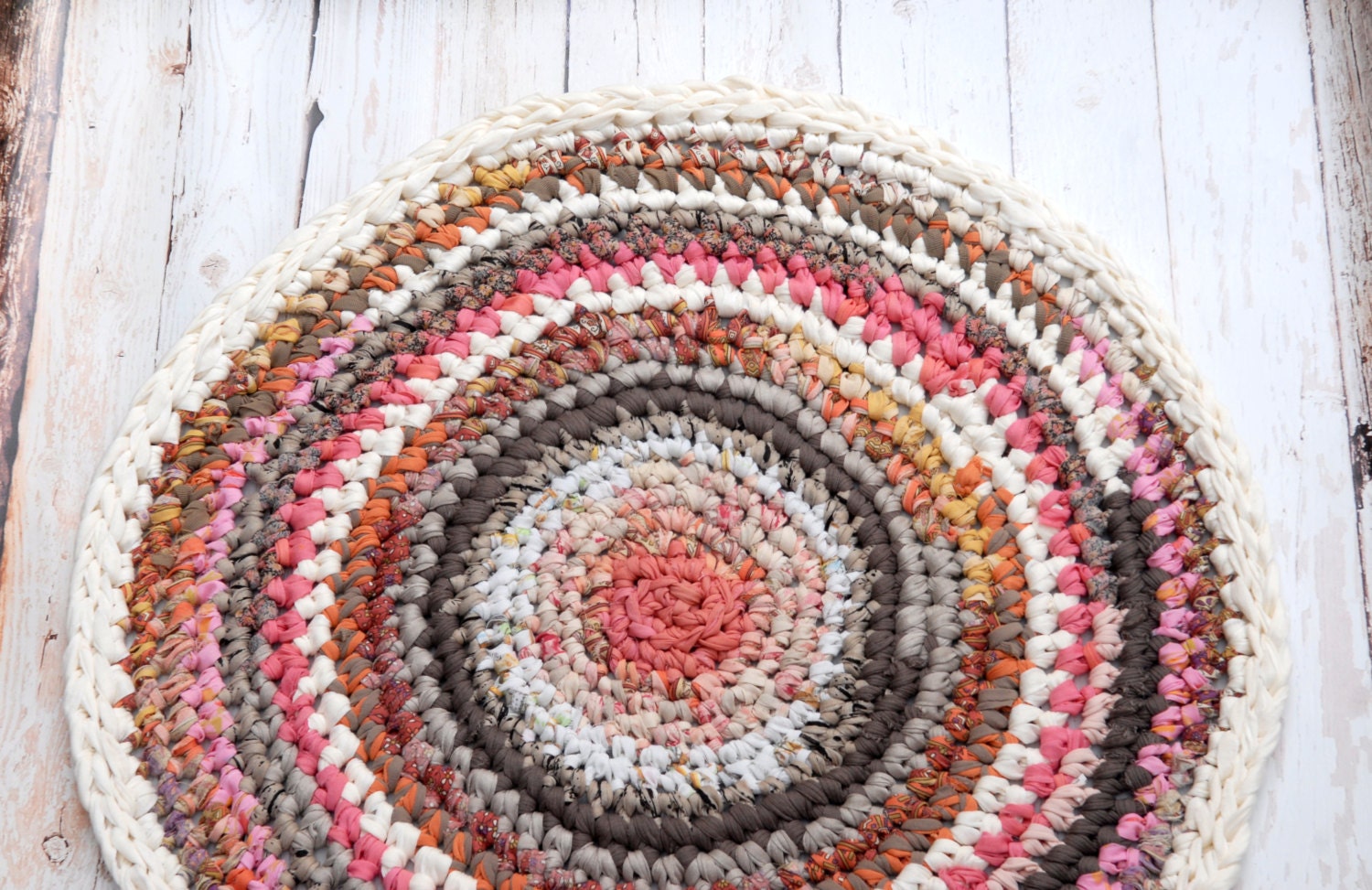 Rosy Brown Round Crochet Rug Soft Fabric Rug Eco Friendly