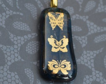 Fused Glass Dichroic Necklace with 22 Karat Gold Butterflies, SRAJD