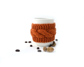 Reusable cup cozy hand knit mug cozy caramel brown button cable knit gift for friend Thanksgiving Christmas gift under 15 stocking stuffer