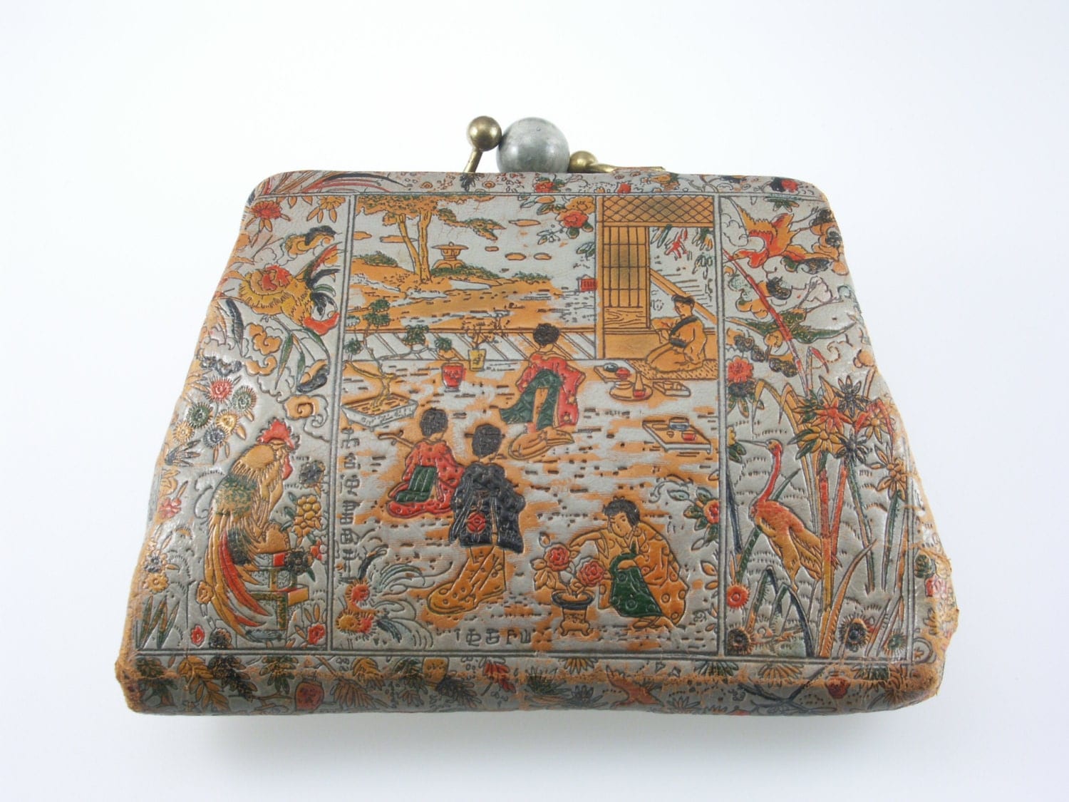 Antique Japanese Purse Leather Clutch/Purse Geisha