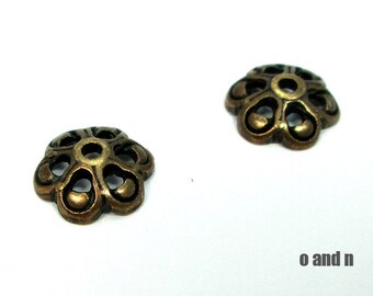 Antique brass flower bead caps, 12mm, 6 pieces