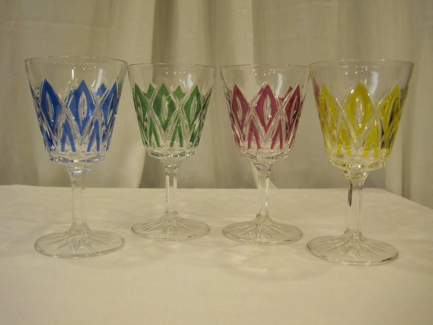 Set of 4 Vintage Crystal Stemmed Water/Wine Goblets Colored Marquis