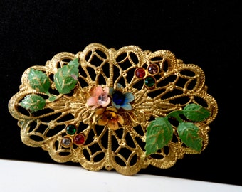 Lovely scalloped Victorian filigrees Old Brooch with colored rhinestone ,enamelled leaves and flowers -- Art.283 -