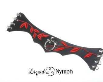 FAUNA - Black Leather BDSM Corset Collar with Embroidered Vines Color Choice - Kitten Pet Play Slave Collar - DDLg bdsm Discreet Day Collar