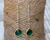 Emerald Green Teardrop+Beaded Turquoise Chain Earrings| Long Dangle Earrings|Wedding Jewelry|Something Blue Wedding Jewelry|Bridesmaid Gift