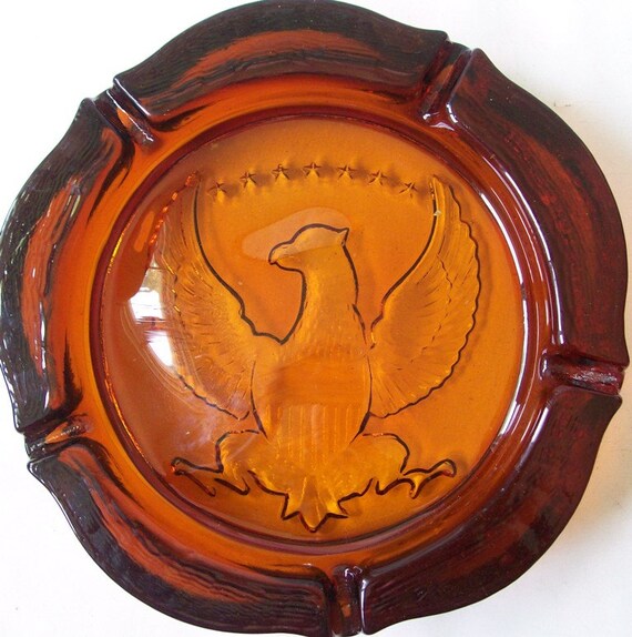vintage 50s huge amber glass federal eagle ashtray orange