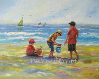 Three Beach Boys Art Print, beach paintings, three boys, beach, three brothers, beach children, three sons, boys room beach,Vickie Wade art