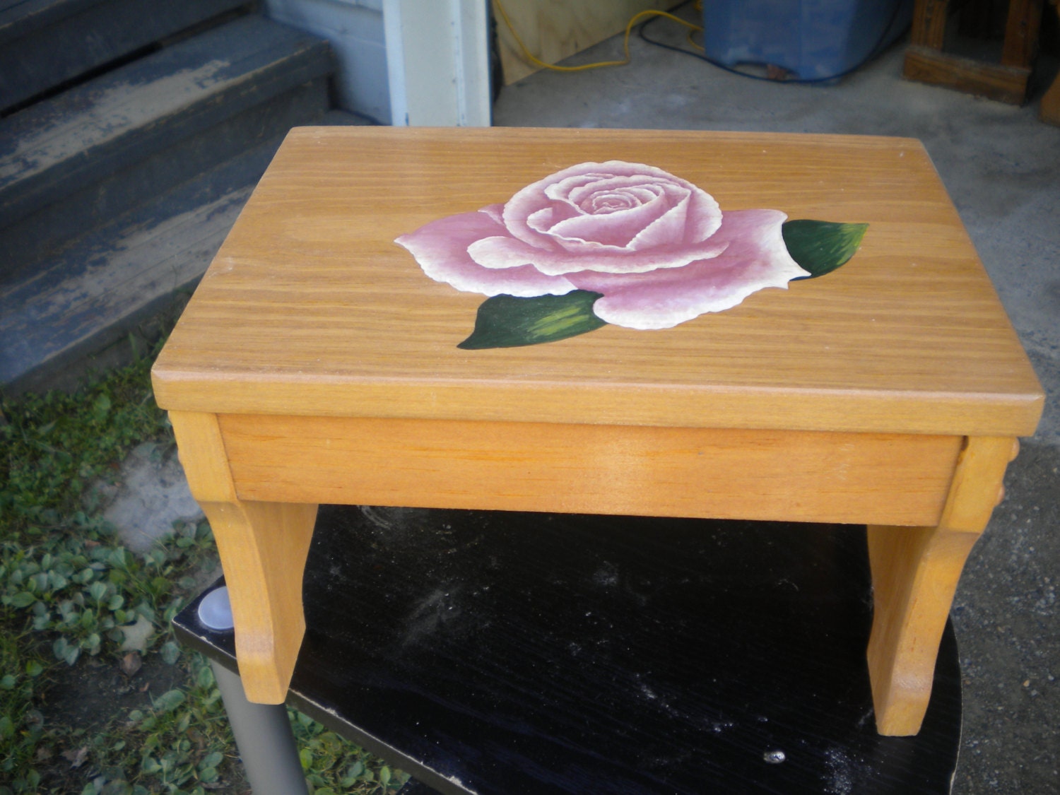 Step stool wooden stool acrylic painting pink rose hand