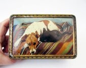 French vintage TIN BOXâŽ®dog & catâŽ®golden Art deco styleâŽ®lily of the valley roses bird