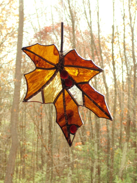 Autumn suncatcher stained glass leaf amber brown unique