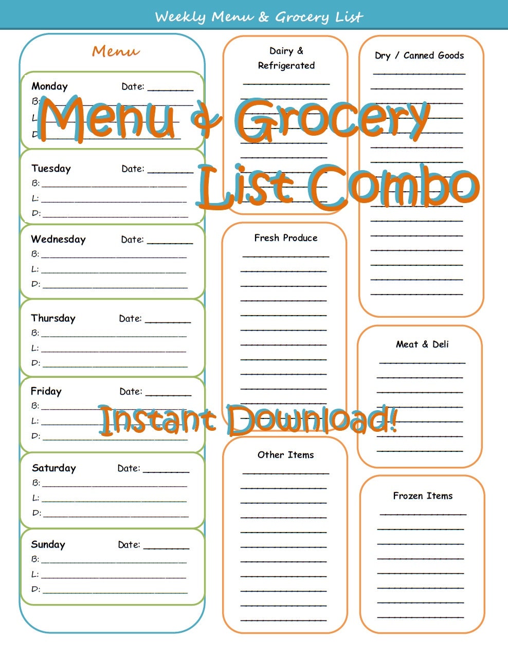weekly menu planner and grocery list chart by readysetmom