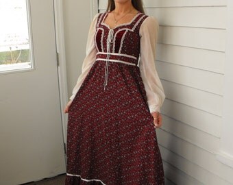Vintage 70s Gunne Sax Dress Prairie Full Corset Red Floral XS