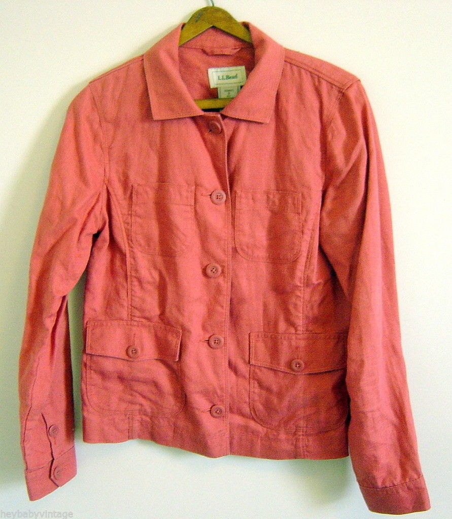 LL BEAN red rose pink Linen Chore Jacket Coat Blazer womens size S ...