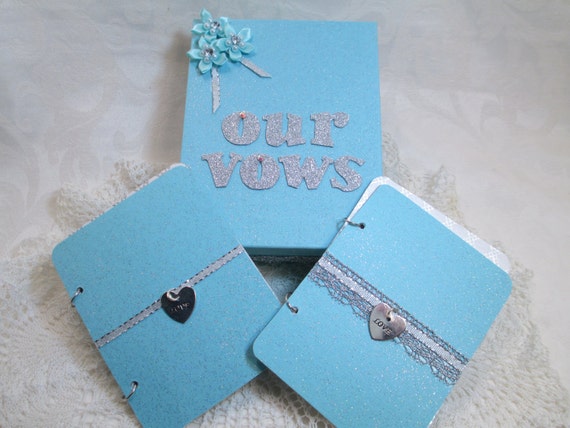 Wedding Vow Book and Box Set - Blue Glitter and Crystals- with Matching Keepsake Box – Personalized