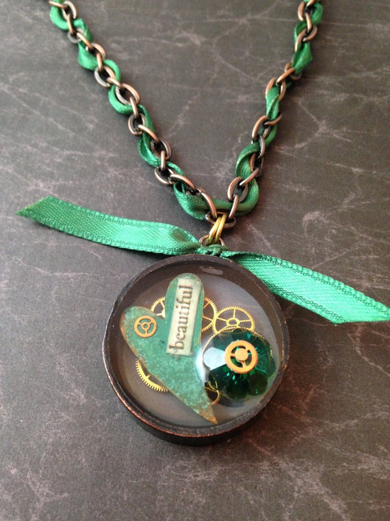 Green 'Beautiful' Heart, Gears, and Swarovski Crystal Steampunk Necklace by DreaminSteam steampunk buy now online