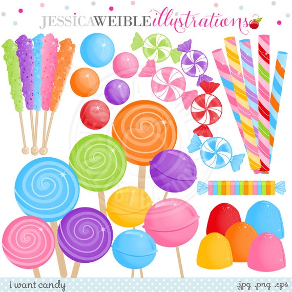 I Want Candy Cute Digital Clipart - Commercial Use OK - Candy Clipart, Candy Graphics, Lollipop, Rock Candy, Gumdrops Il_570xn