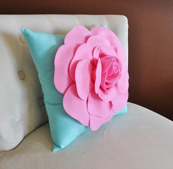 Throw Pillow Pink Rose on Bright Aqua Pillow 14 x 14 by bedbuggs