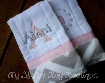 Personalized burp cloth set - prefold diaper burp cloths - chevron burp cloths - set of two burp cloths - baby shower gift - baby girl gifts