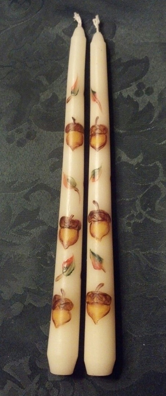 hand painted TAPER CANDLES ACORNS taper candles fall