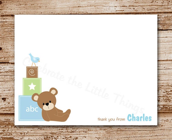 Set of 8 Baby Boy Thank You Cards | Teddy Bear Blocks | Personalized Stationery | Note Cards | Blue Il_570xn