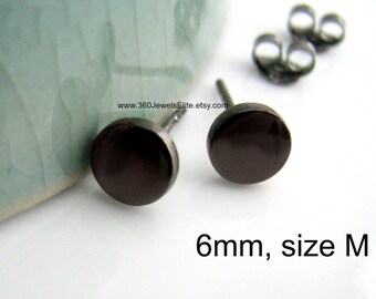 6mm Black Stud Round Disc Earrings - Cheater Plugs - Men's Earrings - Fake Gauge Male Earrings - Nail it Down Round Disc Medium - 420 6SB