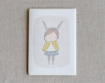 Greeting Card -Bunny Girl Yellow Coat - C6 greeting card 11w x 15.5 h cm (4.4x6.1").