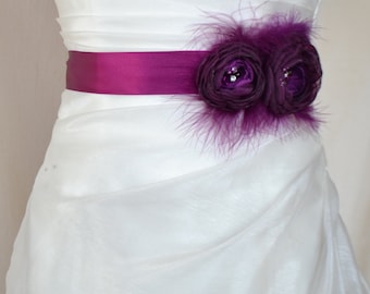 Handcrafted Aubergine Plum Two Flowwrs with Feathers Wedding Dress Sash Belt