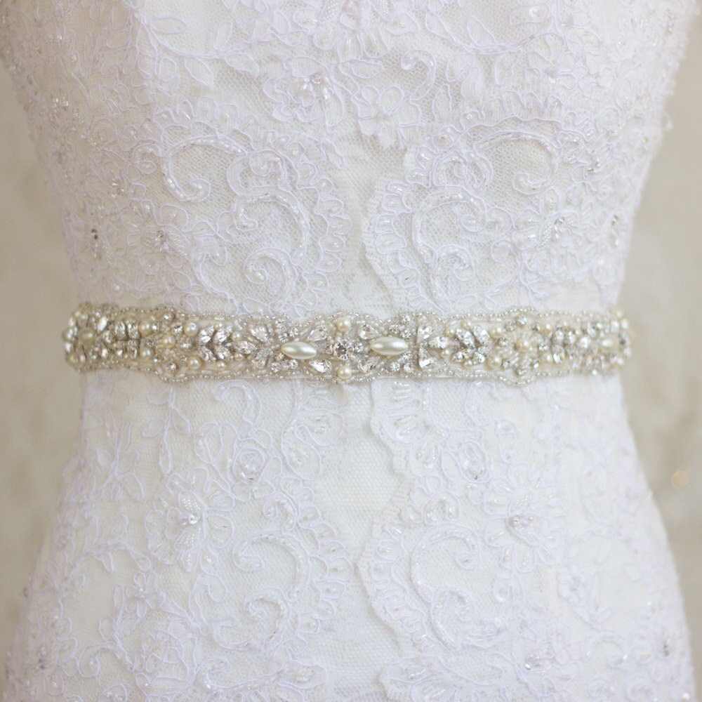 Crystal Pearl Bridal sash Antiqued silver Rhinestone Ivory